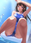 1girl adjusting_clothes adjusting_swimsuit arm_up armpits ass bangs blue_eyes blue_swimsuit blush breasts brown_hair closed_mouth collarbone commentary_request competition_swimsuit eto expressionless from_below highres long_hair looking_at_viewer medium_breasts one-piece_swimsuit original revision solo squatting straight_hair swimsuit water water_drop wet wet_clothes wet_swimsuit 