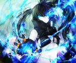  1girl absurdres bangs bikini bikini_top_only black_bikini black_gloves black_hair black_rock_shooter black_rock_shooter:_dawn_fall black_rock_shooter_(character) blue_eyes breasts cleavage closed_mouth flaming_eye floating_hair gloves hair_between_eyes highres k_y_z long_hair looking_at_viewer midriff navel small_breasts solo standing stomach swimsuit twintails upper_body very_long_hair 