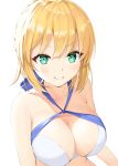  1girl :&gt; absurdres animal_ears artoria_pendragon_(all) bangs bikini blonde_hair blue_ribbon blush breasts cleavage closed_mouth collarbone eyebrows_visible_through_hair fate/grand_order fate_(series) hair_ribbon highres hiyoko_(pixiv16803940) ribbon saber short_hair simple_background small_breasts smile solo swimsuit upper_body v-shaped_eyebrows white_background white_bikini 