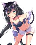  1girl animal_ear_fluff animal_ears arm_support bangs bikini black_bikini black_hair blush breasts cat_ears cat_girl cat_tail cleavage commentary_request eyebrows_visible_through_hair eyewear_on_head fang green_eyes hair_between_eyes hinata_yuu_(atelierhinata) kyaru_(princess_connect) leaning_forward looking_at_viewer low_twintails multicolored_hair open_clothes open_fly open_mouth open_shorts princess_connect! princess_connect!_re:dive short_shorts shorts simple_background small_breasts solo standing streaked_hair sunglasses swimsuit tail twintails v-shaped_eyebrows white_background white_hair white_shorts 