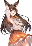  1girl animal_ears arm_up armpits aster_(granblue_fantasy) bag bangs belt belt_buckle blush breasts brown_belt brown_eyes brown_hair brown_skirt buckle commentary_request erune eyebrows_visible_through_hair granblue_fantasy hair_between_eyes hair_ornament hairclip highres long_hair looking_at_viewer navel open_mouth satchel shirt short_sleeves side_cutout sidelocks simple_background skirt small_breasts solo very_long_hair white_background white_shirt ym_(distance819) 