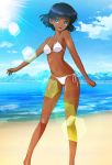  1girl absurdres beach bikini black_hair blue_eyes blue_sky bob_cut breasts cloud collarbone contrapposto dark_skin feet_out_of_frame fushigi_no_umi_no_nadia highres light_rays looking_at_viewer memory_(prophet5) nadia navel ocean outdoors side-tie_bikini sky small_breasts solo standing sunbeam sunlight swimsuit water 