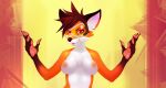  2016 5_fingers anthro areola blizzard_entertainment breasts brown_hair canid canine cheek_tuft chest_tuft collarbone ear_piercing eyebrows eyelashes eyewear female finger_claws fox fur hair inner_ear_fluff looking_at_viewer mammal nipples orange_fur overwatch piercing pink_areola pink_nipples smile solo tracer_(overwatch) tuft video_games white_breasts white_fur whiteabigail 