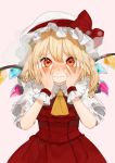  1girl ascot bangs blonde_hair blush bow breath commentary_request cowboy_shot crystal eyebrows_visible_through_hair flandre_scarlet gotoh510 hair_between_eyes hands_on_own_cheeks hands_on_own_face hat hat_bow highres long_hair looking_at_viewer mob_cap one_side_up pink_background puffy_short_sleeves puffy_sleeves red_bow red_eyes red_skirt red_vest shirt short_sleeves simple_background skirt skirt_set solo touhou vest white_headwear white_shirt wings wrist_cuffs yellow_neckwear 