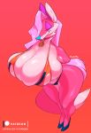  anthro big_breasts bikini breasts canid canine clothed clothing collar crackiepipe curvaceous denisse eyes_closed female footwear fox hands_behind_back hi_res high_heels huge_breasts makeup mammal mascara shoes smile solo standing swimwear underwear 