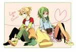  1girl aqua_eyes banana blonde_hair carrot casual food fruit glasses green_eyes green_hair gumi high_heels kagamine_len leggings pillow shoes short_hair short_hair_with_long_locks sidelocks sleeves_rolled_up smile tama_(songe) trencker vocaloid 