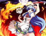  blue_hair dress fire flaming_sword food fruit full_moon hat hinanawi_tenshi keystone long_hair moon peach red_eyes rock rope shimenawa solo sword sword_of_hisou touhou tsuki_no_alice weapon 