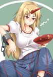  blonde_hair blush cuffs cup horn hoshiguma_yuugi long_hair mitsuki_(toriaezu) pointy_ears red_eyes sakazuki solo touhou 