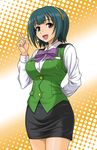  breasts green_hair headset hida_tatsuo idolmaster idolmaster_(classic) large_breasts miniskirt mole mole_under_mouth otonashi_kotori pencil_skirt red_eyes short_hair skirt solo vest 