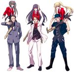  3girls amakusa_juuza asmodeus belphegor boots formal hat leotard lucifer multiple_boys multiple_girls necktie pink_neckwear ponytail red_eyes short_twintails stakes_of_purgatory suit thighhighs twintails umineko_no_naku_koro_ni ushiromiya_battler ushiromiya_rudolf vest 