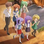  5girls animega1 backpack bag blonde_hair blue_eyes blue_hair blush bridge brown_hair everyone fang furude_rika green_eyes green_hair green_skirt hairband hanyuu highres higurashi_no_naku_koro_ni horns houjou_satoko long_hair maebara_keiichi mary_janes multiple_girls necktie one_eye_closed open_mouth orange_hair pantyhose ponytail purple_eyes purple_hair randoseru ribbon river ryuuguu_rena school_uniform serafuku shoes short_hair skirt smile sonozaki_mion suspenders walking water_wheel 