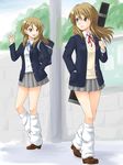  blazer brown_eyes brown_hair death_devil della_(k-on!) extra gyaru highres instrument_case jacket k-on! kneehighs kogal legs long_hair loose_socks multiple_girls school_uniform skirt socks sweater_vest tachibana_himeko time_paradox waving yaso_shigeru 