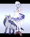  blue_eyes braid crossover fang gen_3_pokemon holding holding_poke_ball izayoi_sakuya knife maid maid_headdress mightyena miyo_(miyomiyo01) pantyhose poke_ball pokemon pokemon_(creature) red_eyes silver_hair touhou twin_braids white_legwear 