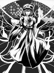  bad_id bad_pixiv_id bowl chopsticks fan folding_fan goshoguruma greyscale hexagon highres monochrome nakarai_takumi saigyouji_yuyuko saigyouji_yuyuko's_fan_design shippou_(pattern) solo touhou 