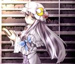  book bow hair_bow hair_ribbon hat kazetto library long_hair patchouli_knowledge purple_eyes purple_hair ribbon solo touhou voile 