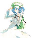  backpack bag blue_eyes blue_hair grin hair_bobbles hair_ornament hat hat_tip kawashiro_nitori key minakata_sunao one_eye_closed short_hair smile solo touhou twintails two_side_up 