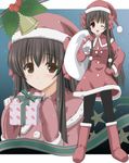  black_hair brown_eyes chisato_(missing_park) christmas gift hand_on_hip long_hair minamoto_chikaru one_eye_closed pantyhose sack santa_costume strawberry_panic! very_long_hair 