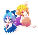  ana_(rznuscrf) bandages blonde_hair blue_eyes blue_hair bruise chibi cirno eyes frown hat hat_removed head_bump headwear_removed injury moriya_suwako multiple_girls pyonta tears touhou wings 