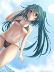  bad_id bad_pixiv_id bikini dutch_angle green_hair heterochromia highres long_hair original rebecca_arcane solo suterii swimsuit twintails 