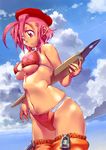  bad_id bad_pixiv_id beret bikini breasts cloud copyright_request day fountain_pen hat large_breasts pen pink_eyes pink_hair short_hair skindentation sky solo swimsuit tatsuwo underboob wide_hips 