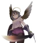  angel artist_request brown_hair choker copyright_request from_below gauntlets halo non-web_source pantyhose shield short_hair simple_background solo sword weapon wings yellow_eyes 