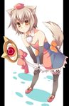  aaru_(tenrake_chaya) animal_ears cosplay gloves hat highres inubashiri_momiji renkin_san-kyuu_magical_pokaan short_hair silver_hair solo staff tail thighhighs tokin_hat touhou wolf_ears wolf_tail yuuma_(renkin_san-kyuu_magical_pokaan) yuuma_(renkin_san-kyuu_magical_pokaan)_(cosplay) 