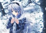  blue_eyes blue_hair blush breath clannad coat hairband long_hair miyai_sen sakagami_tomoyo snow solo tree winter 