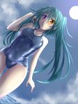  bad_id bad_pixiv_id covered_navel dutch_angle full_moon green_hair heterochromia highres long_hair moon moonlight one-piece_swimsuit original rebecca_arcane school_swimsuit shiny shiny_clothes solo suterii swimsuit twintails 