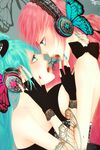  aqua_eyes aqua_hair blush butterfly_hair_ornament butterfly_wings face-to-face fingerless_gloves gloves hair_ornament hat hatsune_miku headphones headset highres long_hair magnet_(vocaloid) megurine_luka mini_hat mini_top_hat multiple_girls pink_hair top_hat twintails vocaloid wings yunomi_(yunomi_imonuy) yuri 