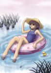  absurdres afloat bad_feet barefoot brown_eyes brown_hair feet fog frog frown grass hand_on_headwear hat highres innertube mizukurage_(mamenyan) one-piece_swimsuit original partially_submerged reeds rubber_duck school_swimsuit short_hair solo straw_hat swimsuit water 