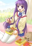  absurdres botan_(clannad) clannad fujibayashi_kyou highres hikarizaka_private_high_school_uniform long_hair obentou purple_eyes purple_hair school_uniform solo thighhighs yuuki-nyan 