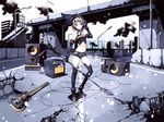  ahoge amplifier blonde_hair blue_eyes debris guitar highway instrument kagamine_rin legs microphone_stand overpass ruins short_hair smile solo speaker thighhighs torigoe_takumi vocaloid 