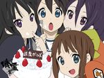  black_hair blue_eyes bow brown_hair cake chocolate denpun derivative_work food fruit ga-rei ga-rei_zero hair_bow isayama_yomi izumi_mami k-on! kasuga_natsuki long_hair multiple_girls parody pastry purple_eyes short_hair strawberry third-party_edit tsuchimiya_kagura whipped_cream 