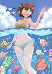  absurdres bad_id bad_pixiv_id bikini bird blood blue_eyes blush breasts brown_hair fish givuchoko groin highres lowleg lowleg_bikini medium_breasts navel nosebleed original polka_dot seagull short_hair side-tie_bikini solo swimsuit tongue underwater water 