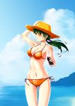  absurdres bad_id bad_pixiv_id bikini bottle breasts cleavage front-tie_top green_hair hand_on_headwear hat highres long_hair looking_afar medium_breasts mizuki_(mizuki_ame) navel ocean orange_bikini original side-tie_bikini solo straw_hat swimsuit twintails yellow_eyes 