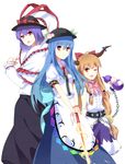  belt blue_hair bow brown_eyes chain cuffs food fruit garigarigari gourd hair_bow hands_on_hilt hat hat_ribbon highres hinanawi_tenshi horns ibuki_suika long_hair looking_at_viewer multiple_girls nagae_iku one_eye_closed orange_hair peach purple_hair red_eyes ribbon shawl short_hair simple_background smile sword sword_of_hisou touhou weapon wrist_cuffs 