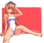  arm_support bare_shoulders barefoot brown_eyes casual_one-piece_swimsuit diving_mask feet highleg highleg_swimsuit long_hair one-piece_swimsuit orange_hair original sitting solo spread_legs swimsuit yuuji_(and) 
