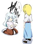  alice_margatroid bad_id bad_pixiv_id blonde_hair blue_eyes blue_hair capelet commentary fuantei hairband long_hair multiple_girls pantyhose shinki short_hair side_ponytail simple_background tears touhou translated 