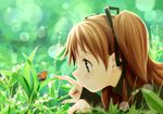  blurry bokeh brown_hair bug butterfly depth_of_field grass green_eyes hair_ribbon highres insect kanon long_hair profile ribbon sawatari_makoto solo wadapen 