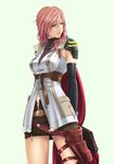  belt blue_eyes cape carrot_works final_fantasy final_fantasy_xiii lightning_farron long_hair miniskirt pencil_skirt pink_hair skirt sleeveless sleeveless_turtleneck solo thigh_strap turtleneck 