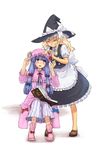  apron bad_id bad_pixiv_id blonde_hair book braid buttons closed_eyes crescent dress grin hair_ribbon hat kirisame_marisa multiple_girls no_socks patchouli_knowledge purple_eyes purple_hair ribbon shoes sitting smile standing touhou wait8 witch_hat 