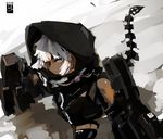  bad_id bad_pixiv_id black_rock_shooter dark_skin gauntlets hood hoodie short_hair silver_eyes solo strength_(black_rock_shooter) tail tone_g white_hair 