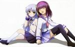  absurdres angel_beats! back-to-back black_legwear blazer blush bow closed_eyes detexted hair_bow hairband hayakawa_asami highres holding_hands jacket long_hair multiple_girls non-web_source official_art open_mouth purple_hair school_uniform serafuku silver_hair simple_background sitting skirt smile tenshi_(angel_beats!) thighhighs third-party_edit very_long_hair yellow_eyes yuri_(angel_beats!) zettai_ryouiki 