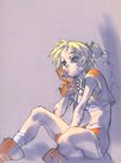 bandages blonde_hair blue_eyes bodypaint chin_rest chrono_cross gloves highres jewelry kid_(chrono_cross) long_hair midriff multi-tied_hair necklace official_art ponytail sitting sketch solo yuuki_nobuteru 