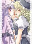  blonde_hair braid capelet closed_eyes flower hat kirisame_marisa lace_border lips multiple_girls patchouli_knowledge profile purple_hair rose short_sleeves smile takashi_mei touhou yuri 