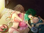  bad_id bad_pixiv_id blonde_hair blush closed_eyes food fruit green_hair long_hair lying macross macross_frontier midriff multiple_girls navel pillow ranka_lee saliva sheryl_nome short_hair sleeping tamari_(flawless) watermelon 