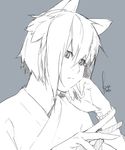  androgynous animal_ears bracelet cat_ears chin_rest copyright_request face greyscale japanese_clothes jewelry kyo_(kuroichigo) monochrome short_hair signature solo 