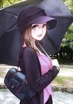  absurdres bad_id bad_pixiv_id bag blue_eyes blush bracelet brown_hair eri_(artist) from_side glasses handbag hat highres jewelry long_sleeves looking_at_viewer looking_to_the_side original outdoors solo umbrella 
