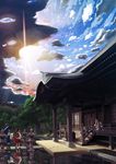  cloud din_(flypaper) hakurei_reimu hakurei_shrine highres ibuki_suika kirisame_marisa kochiya_sanae multiple_girls oriental_umbrella reflection ripples scenery shrine sky stone_lantern sun touhou umbrella water yakumo_yukari 