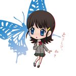  blue_eyes brown_hair bug butterfly chibi hair_ornament hairclip insect jigoku_shoujo kai_ai mikage_yuzuki ribbon school_uniform shoes skirt solo translated 